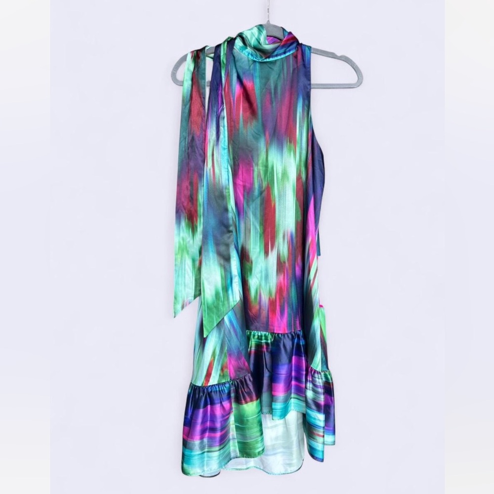 Badgley Mischka Green and Purple Scarf Dress